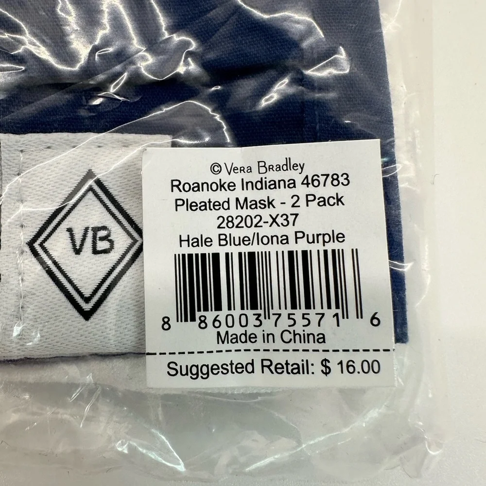 Brand new unopened package. Vera Bradley Adult Pleated Mask - 2 Pack Blue/Purple